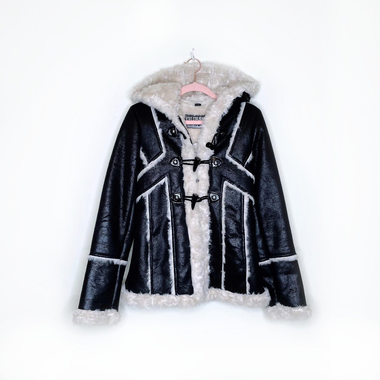 guess faux shearling hooded toggle jacket - size xs