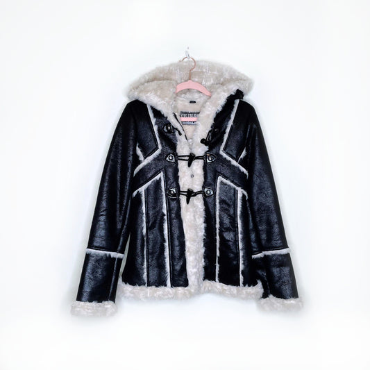 guess faux shearling hooded toggle jacket - size xs