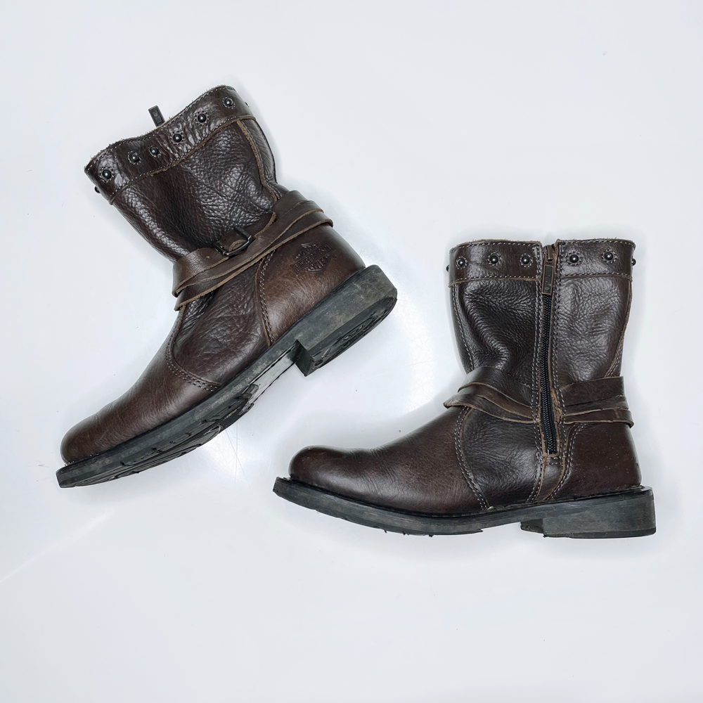 harley davidson brown leather studded buckle moto boots - size 7W