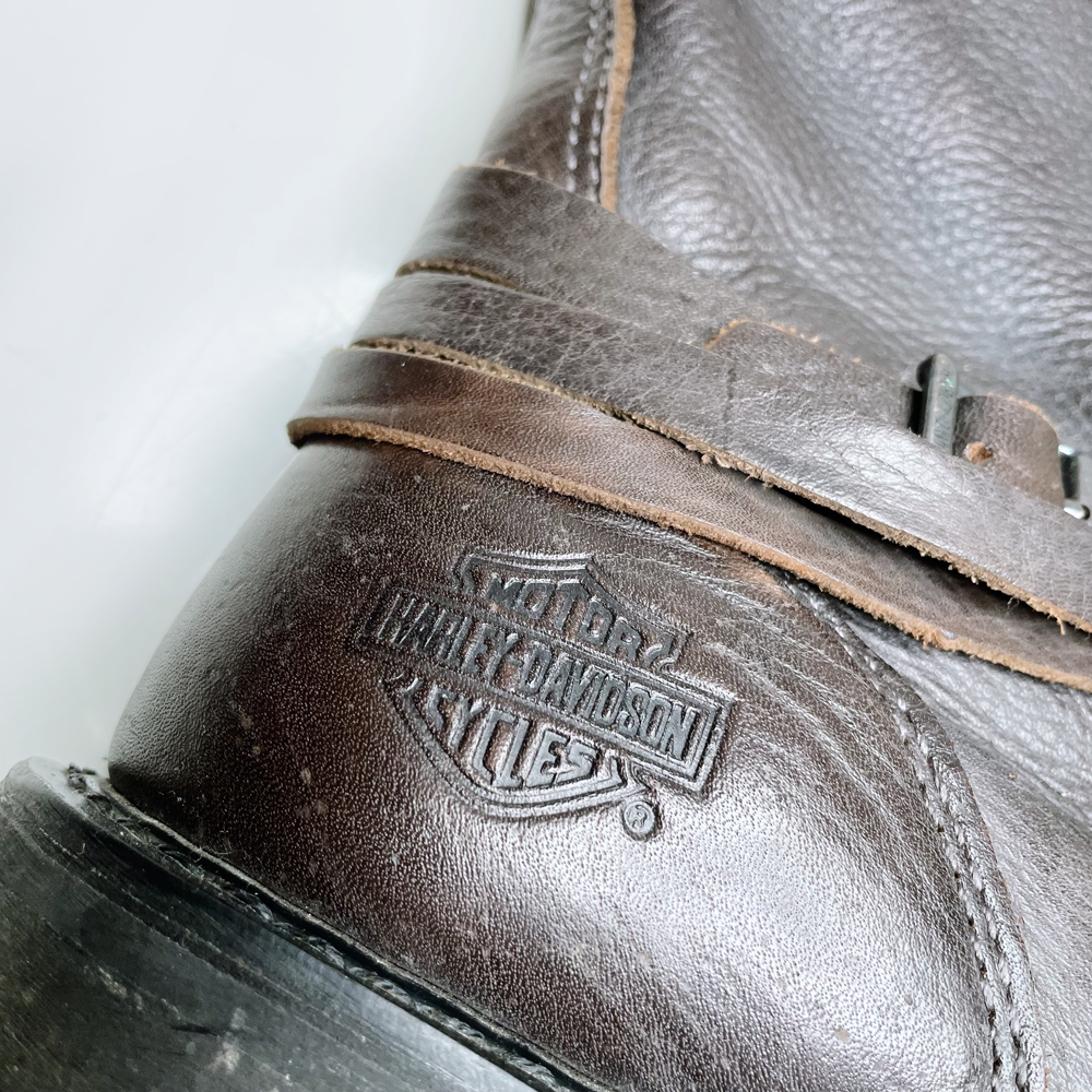 harley davidson brown leather studded buckle moto boots - size 7W