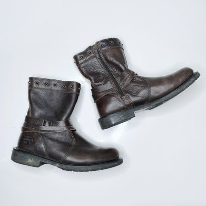 harley davidson brown leather studded buckle moto boots - size 7W