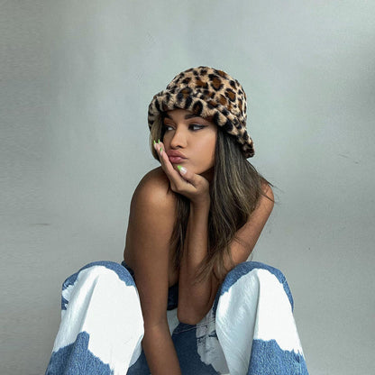 vintage 90s cheetah print faux fur bucket hat