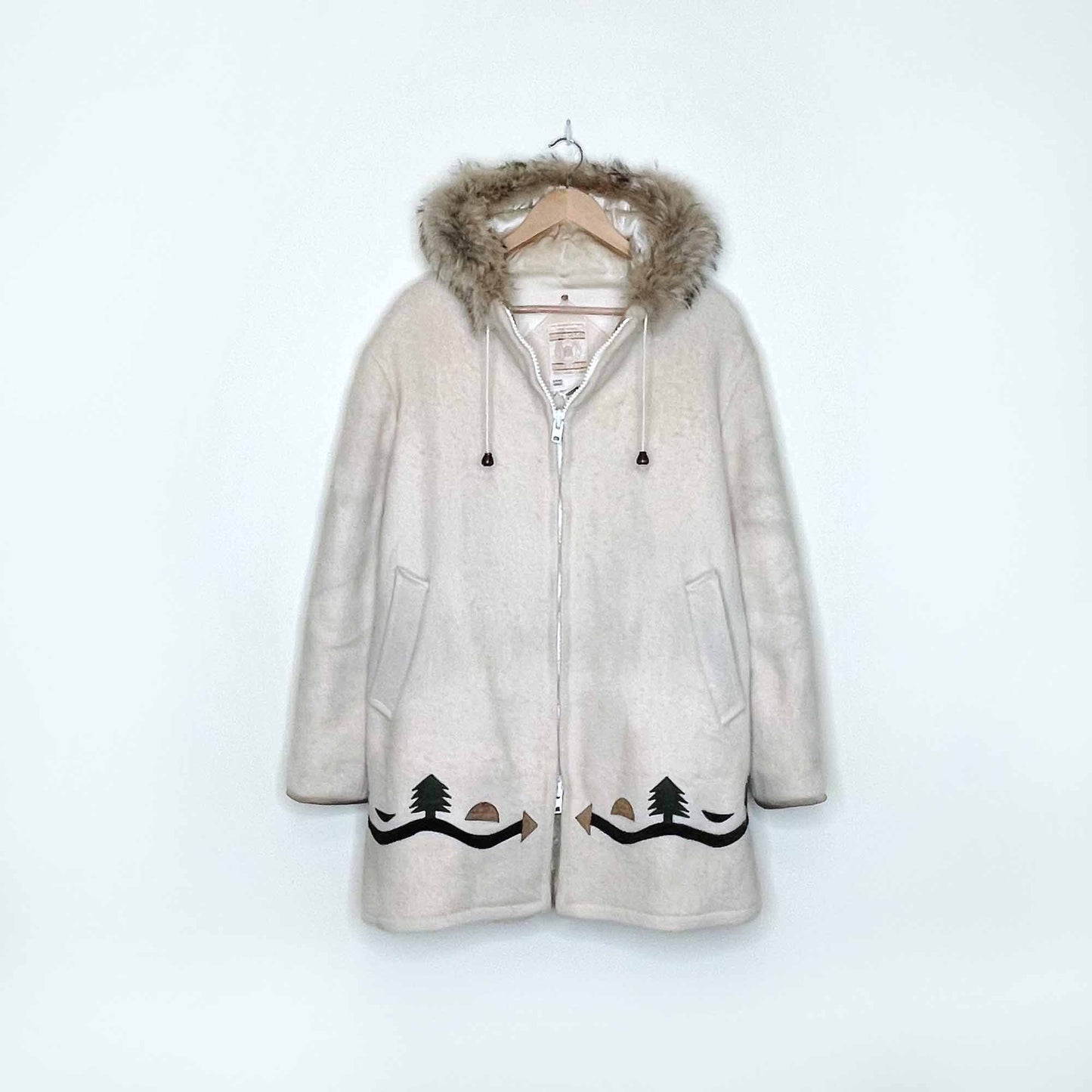 vintage hudson's bay company natural wool leather igloo scene parka with fox fur hood - size 16