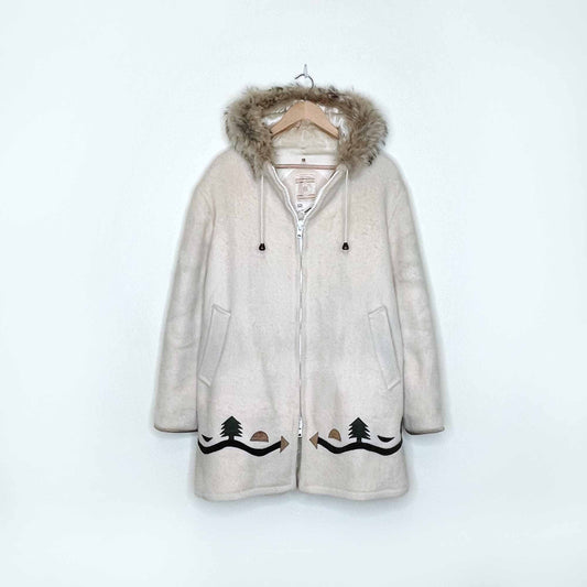 vintage hudson's bay company natural wool leather igloo scene parka with fox fur hood - size 16