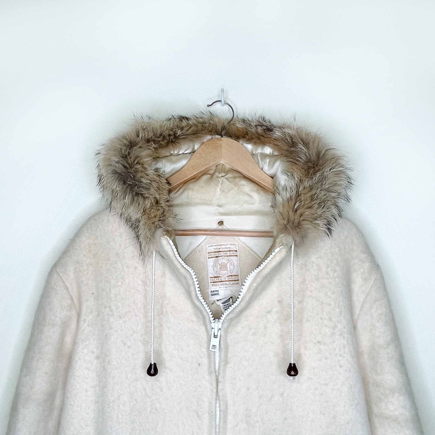 vintage hudson's bay company natural wool leather igloo scene parka with fox fur hood - size 16