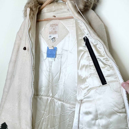 vintage hudson's bay company natural wool leather igloo scene parka with fox fur hood - size 16