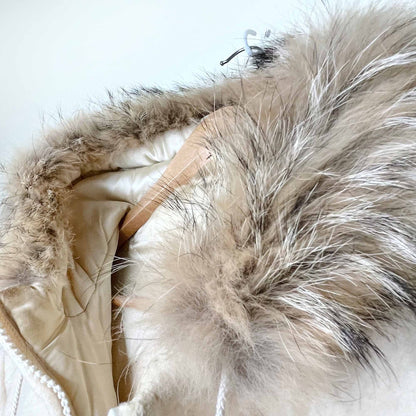 vintage hudson's bay company natural wool leather igloo scene parka with fox fur hood - size 16