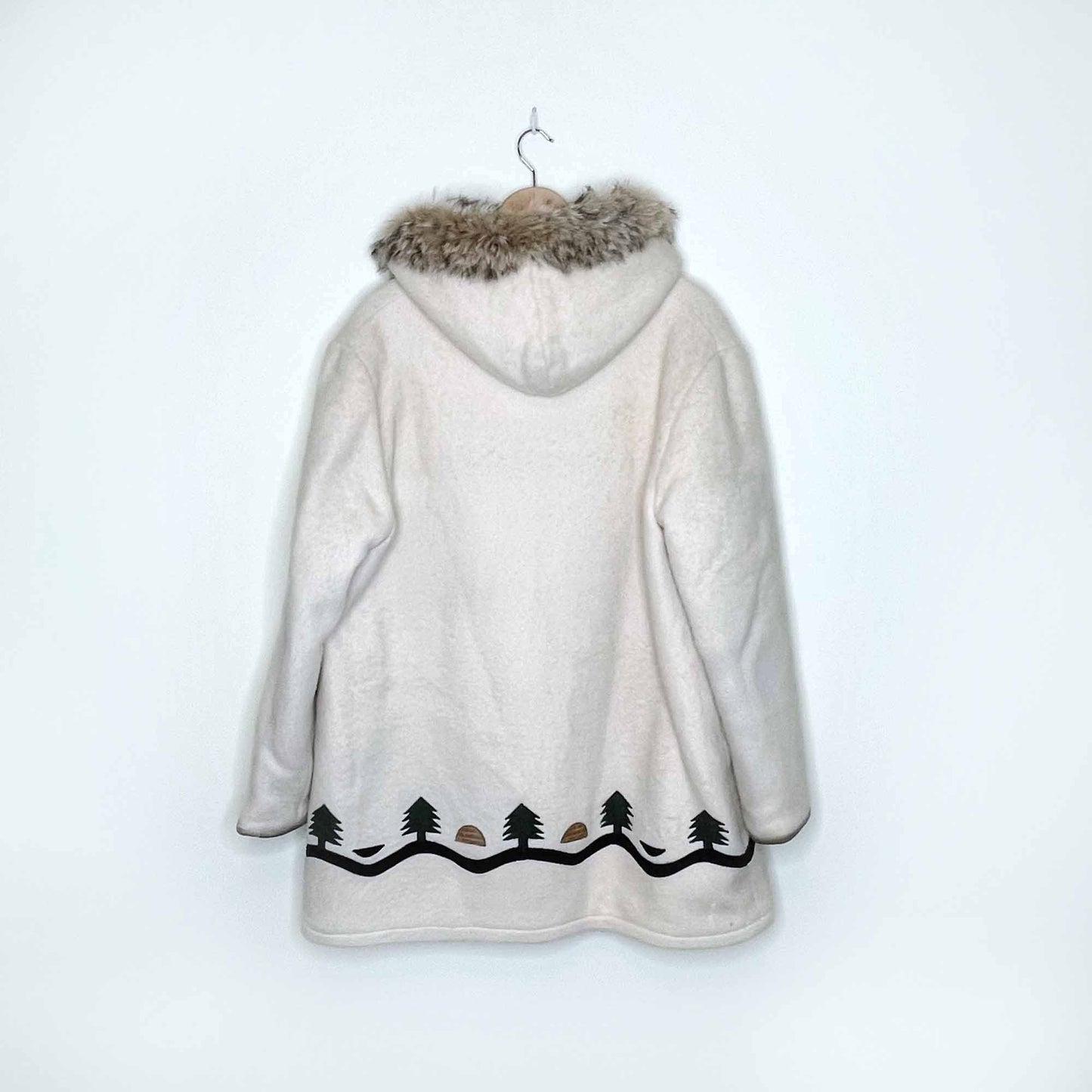 vintage hudson's bay company natural wool leather igloo scene parka with fox fur hood - size 16