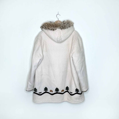 vintage hudson's bay company natural wool leather igloo scene parka with fox fur hood - size 16
