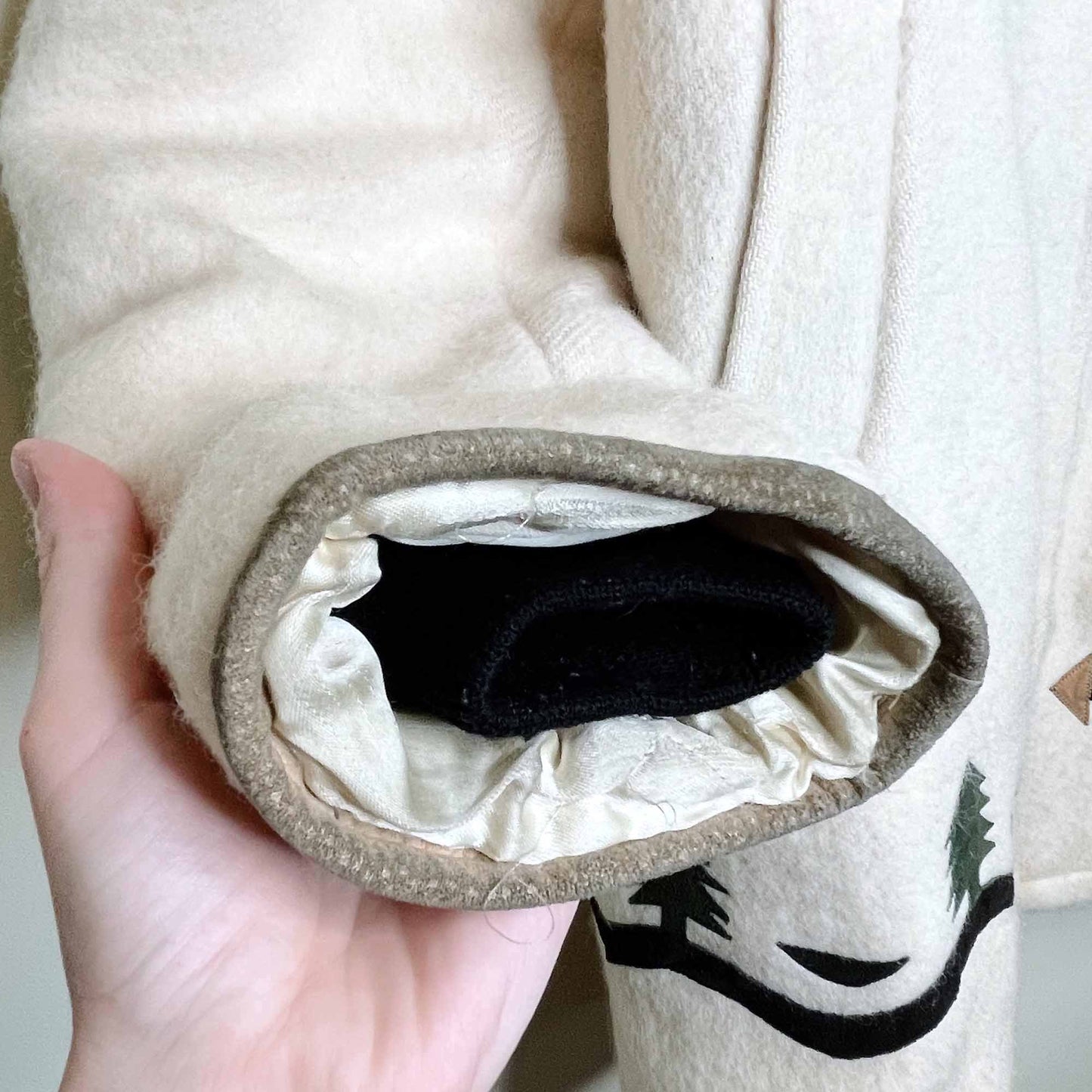 vintage hudson's bay company natural wool leather igloo scene parka with fox fur hood - size 16