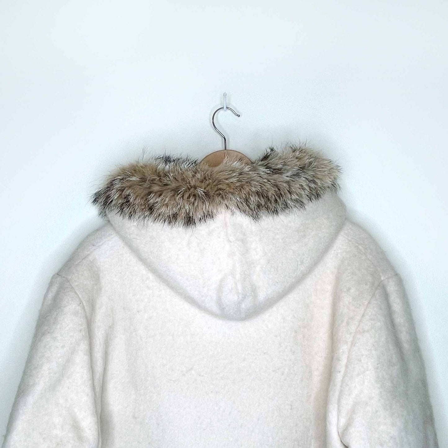 vintage hudson's bay company natural wool leather igloo scene parka with fox fur hood - size 16