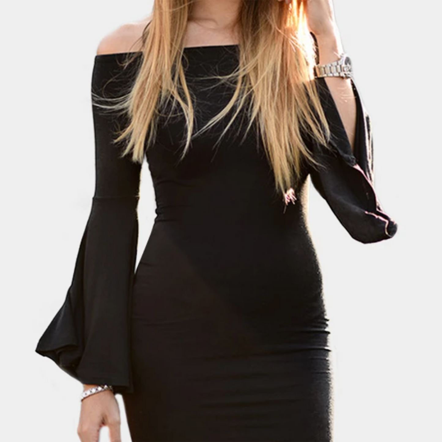 hearts & hips black off shoulder jersey dress with bell sleeves - size medium