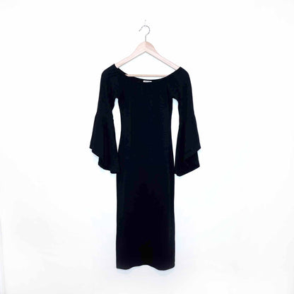 hearts & hips black off shoulder jersey dress with bell sleeves - size medium