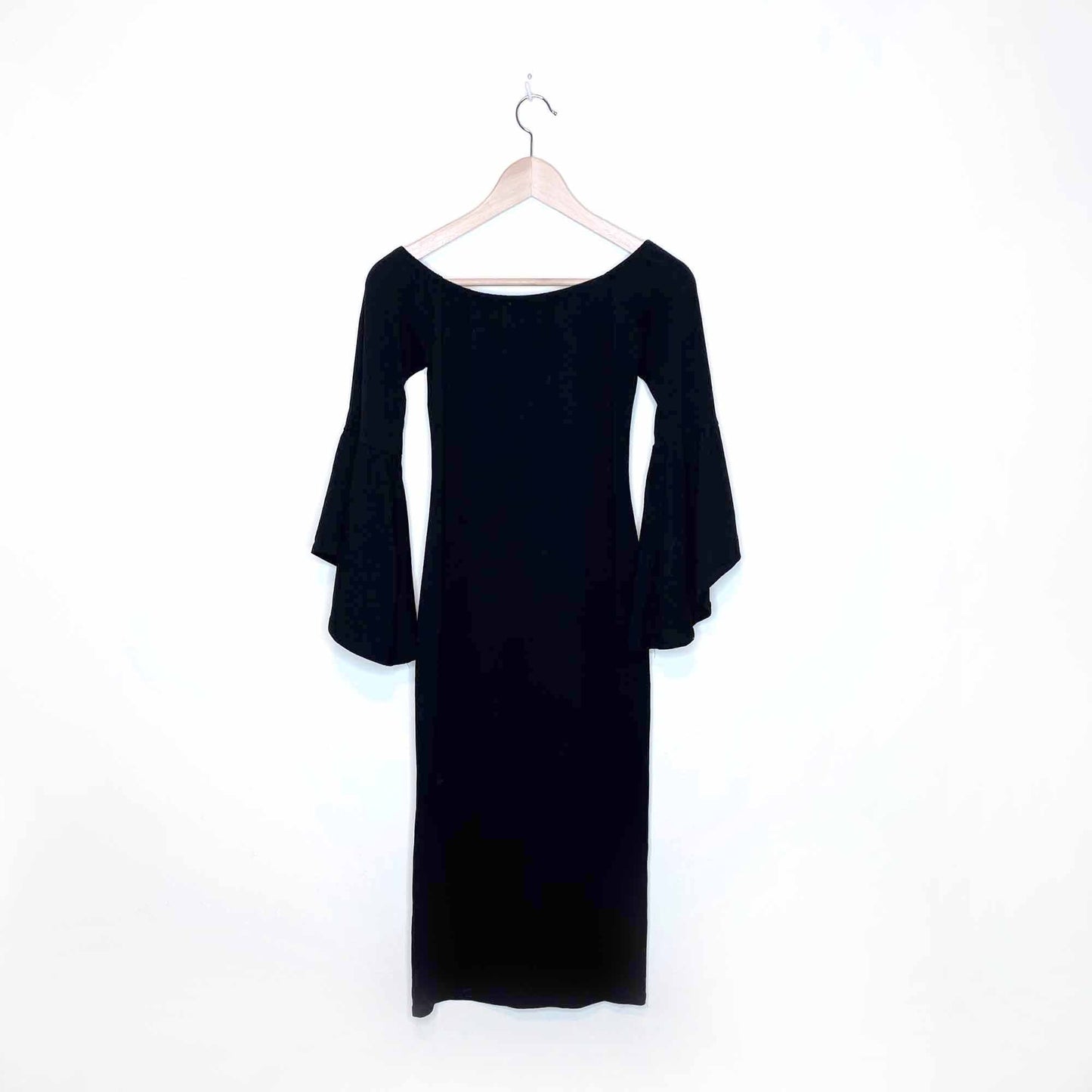 hearts & hips black off shoulder jersey dress with bell sleeves - size medium