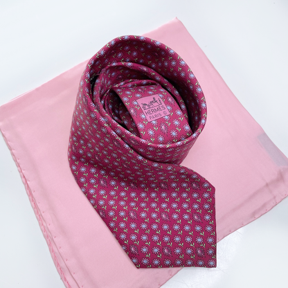 hermès red pink silk daisy tie and pocket square