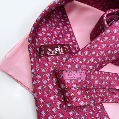 hermès red pink silk daisy tie and pocket square