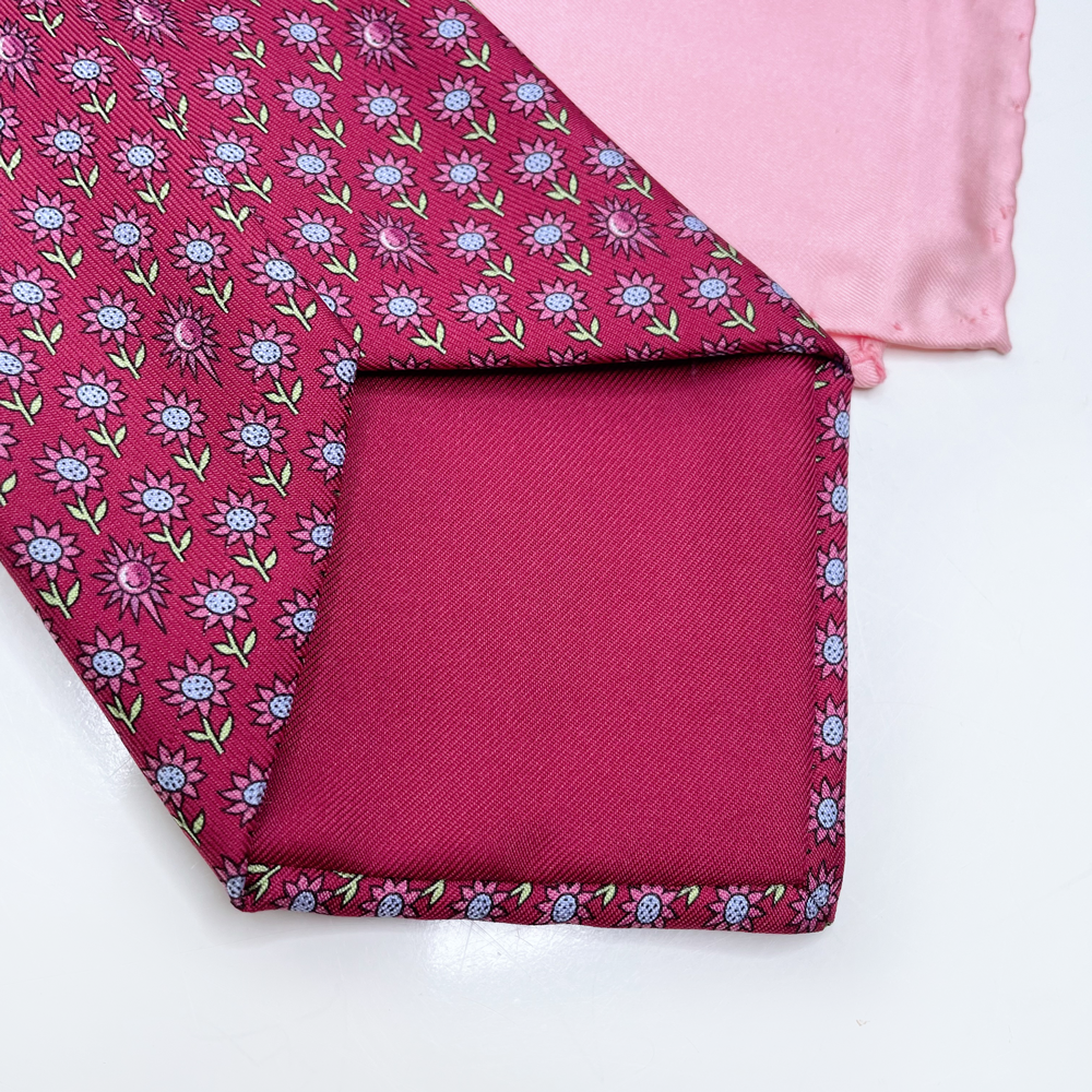 hermès red pink silk daisy tie and pocket square