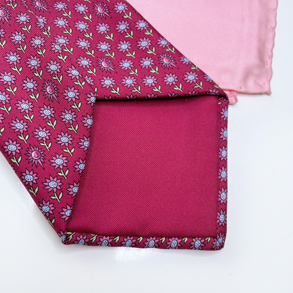 hermès red pink silk daisy tie and pocket square