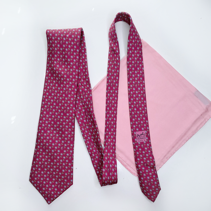 hermès red pink silk daisy tie and pocket square