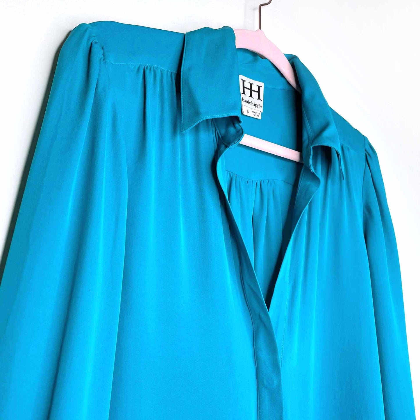 haute hippie teal silk 1/2 button down blouse - size small