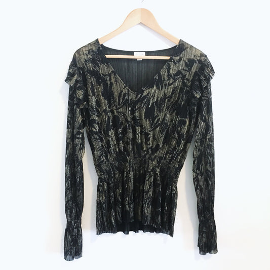 Hinge gold cinched ruffle holiday blouse - size small