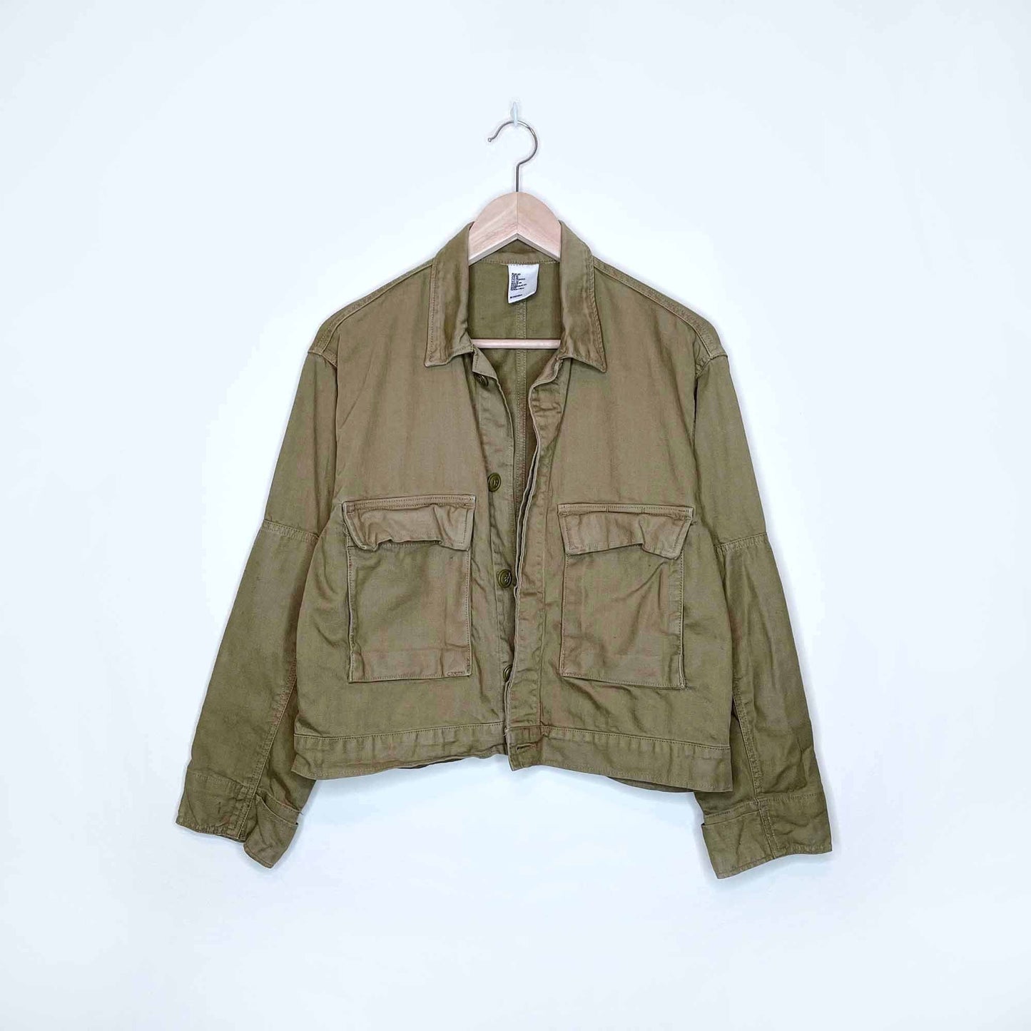 h&m denim twill cropped khaki utility cargo jacket - size 10