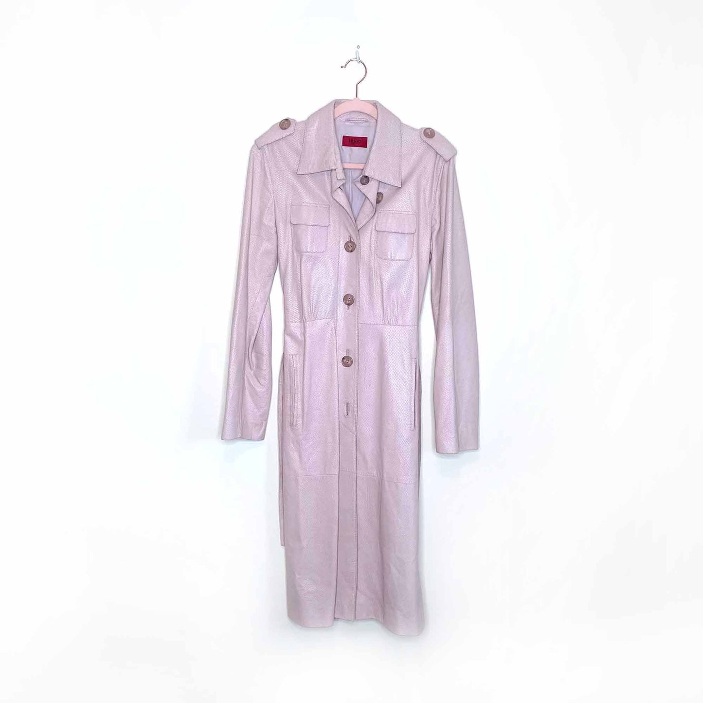 hugo boss pink perforated leather trench coat - size xs