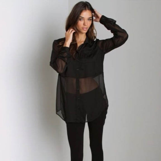 Vintage ICE sheer black 90's button down - size Large