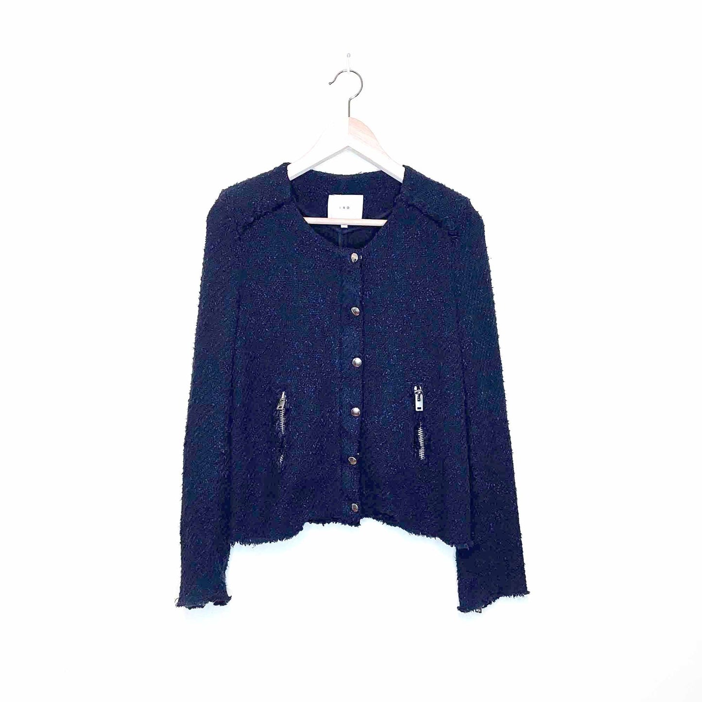 iro navy blue aggy agnette tweed collarless jacket - size 38