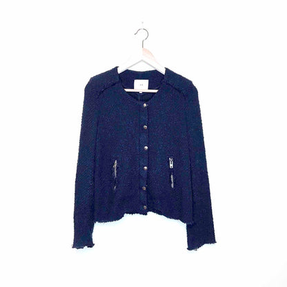iro navy blue aggy agnette tweed collarless jacket - size 38