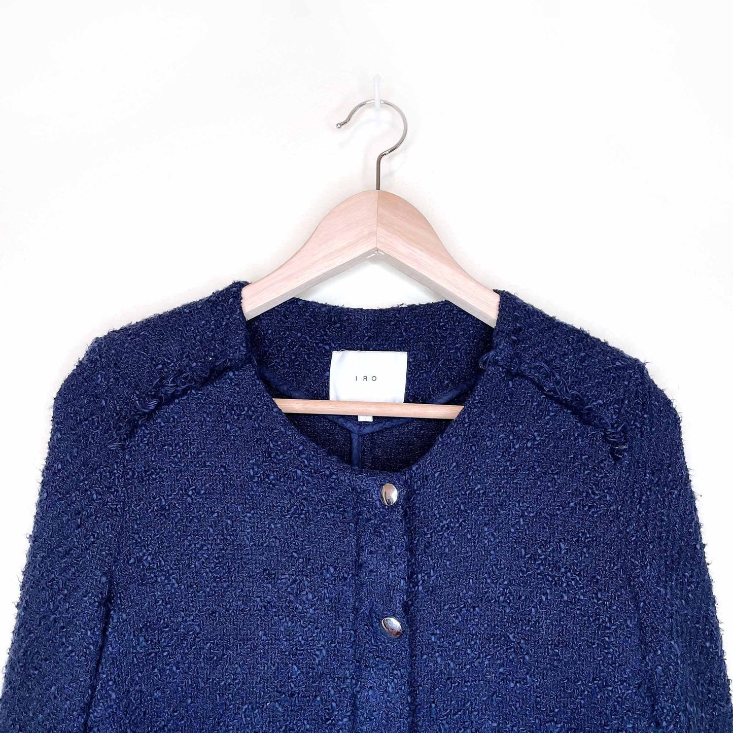 iro navy blue aggy agnette tweed collarless jacket - size 38