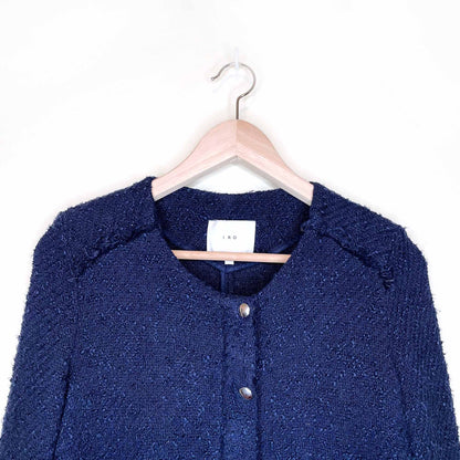 iro navy blue aggy agnette tweed collarless jacket - size 38