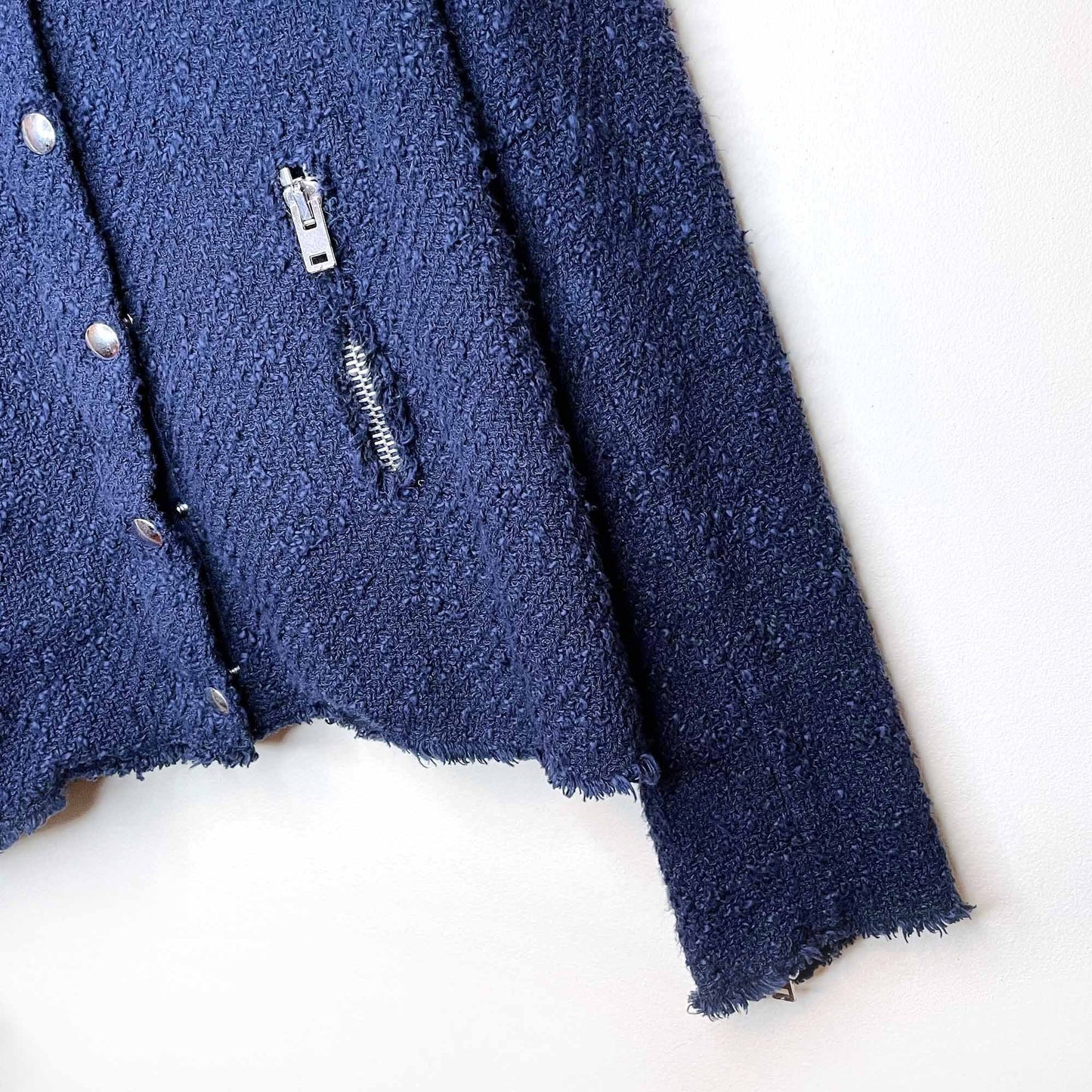 iro navy blue aggy agnette tweed collarless jacket - size 38