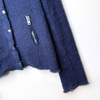 iro navy blue aggy agnette tweed collarless jacket - size 38