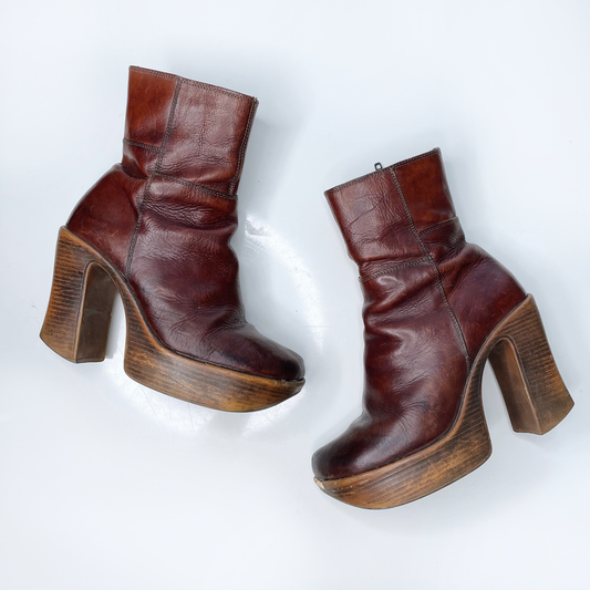 vintage italian brown leather platform boots - size 38