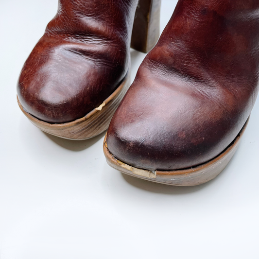 vintage italian brown leather platform boots - size 38