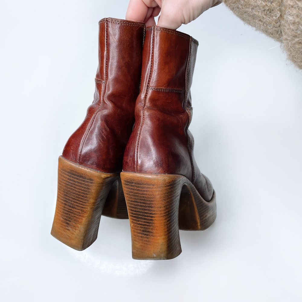 vintage italian brown leather platform boots - size 38
