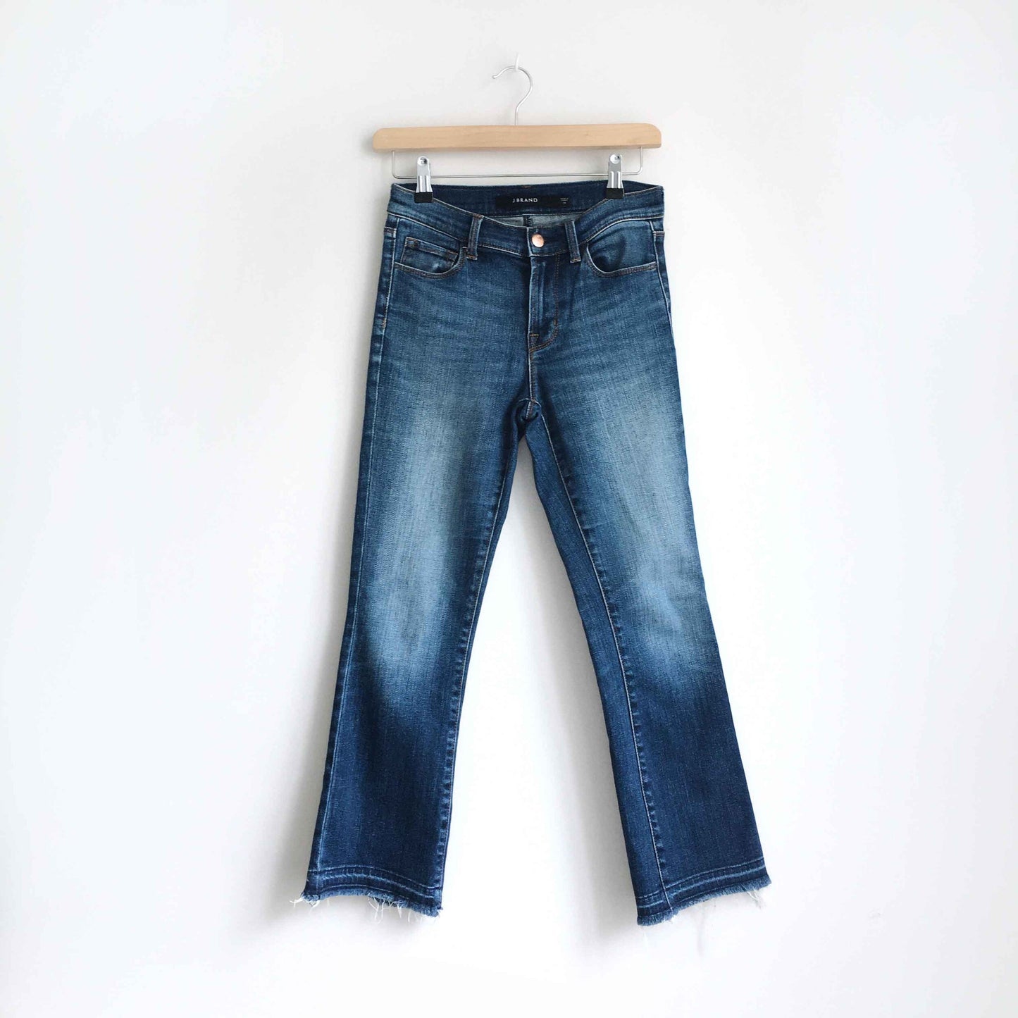 j brand selena mid-rise bootcut crop fray jeans - size 25