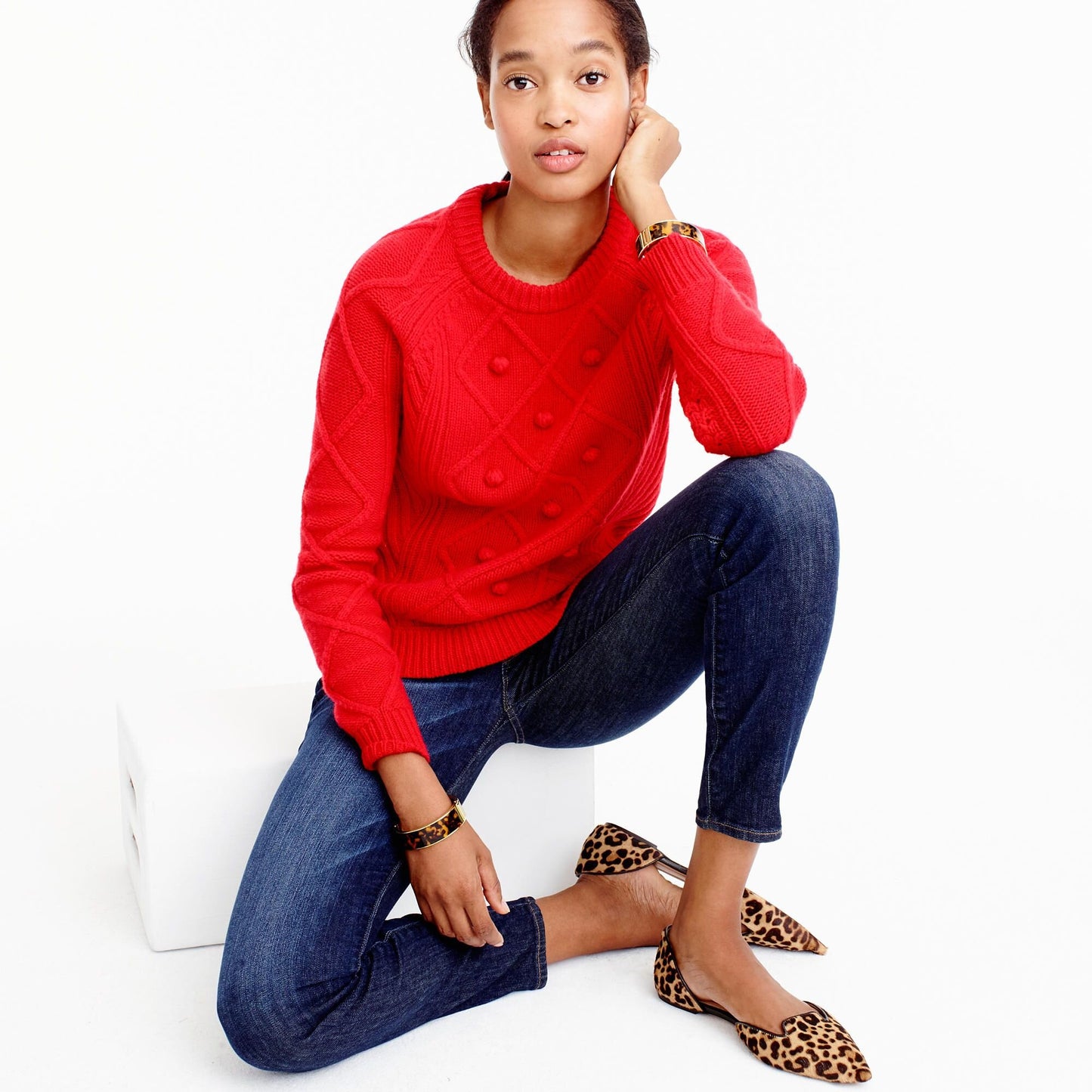 J Crew Cable Pom Pom Sweater - size Large