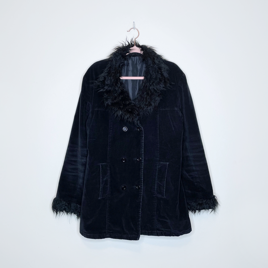 vintage black velvet cord jacket with shaggy faux fur trim - size 44 I