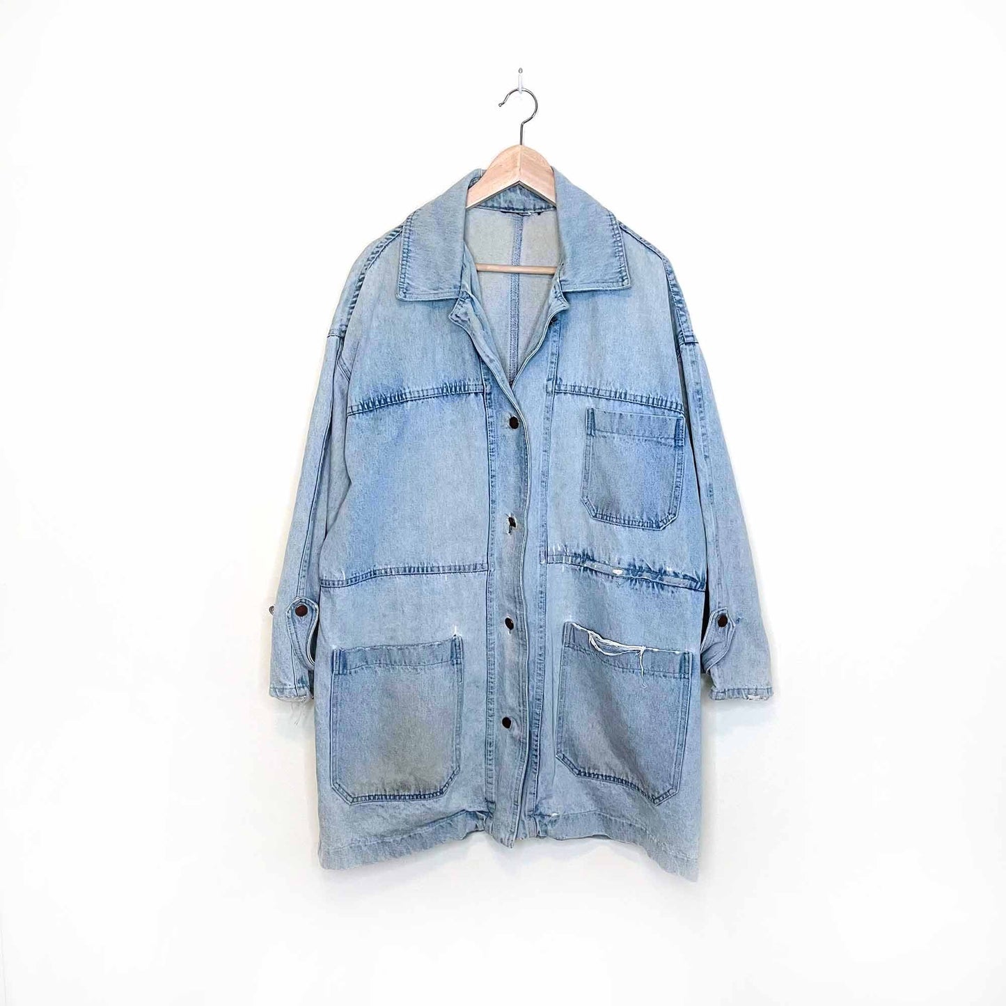 vintage oversized distressed long denim jean jacket - size large