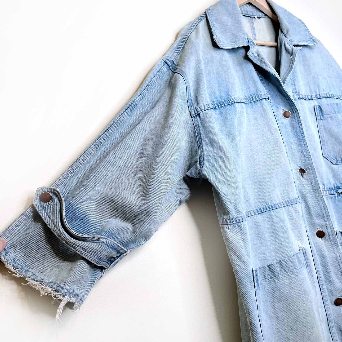 vintage oversized distressed long denim jean jacket - size large