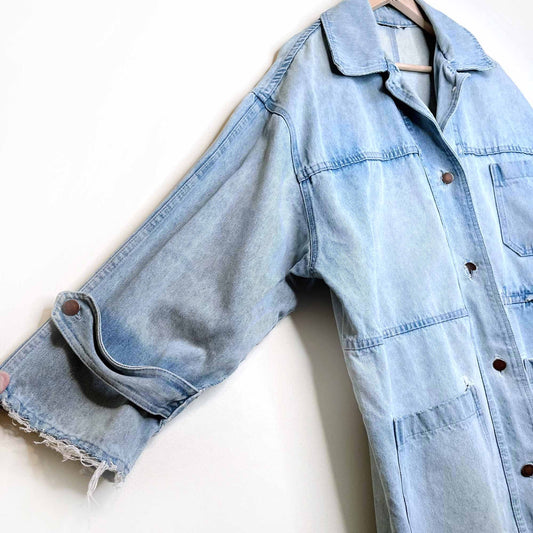 vintage oversized distressed long denim jean jacket - size large