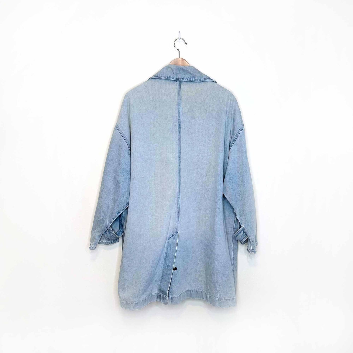 vintage oversized distressed long denim jean jacket - size large