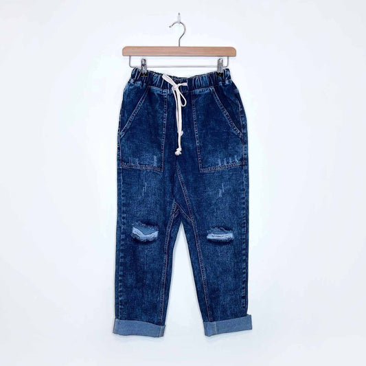 high rise distressed drawstring denim joggers - size small