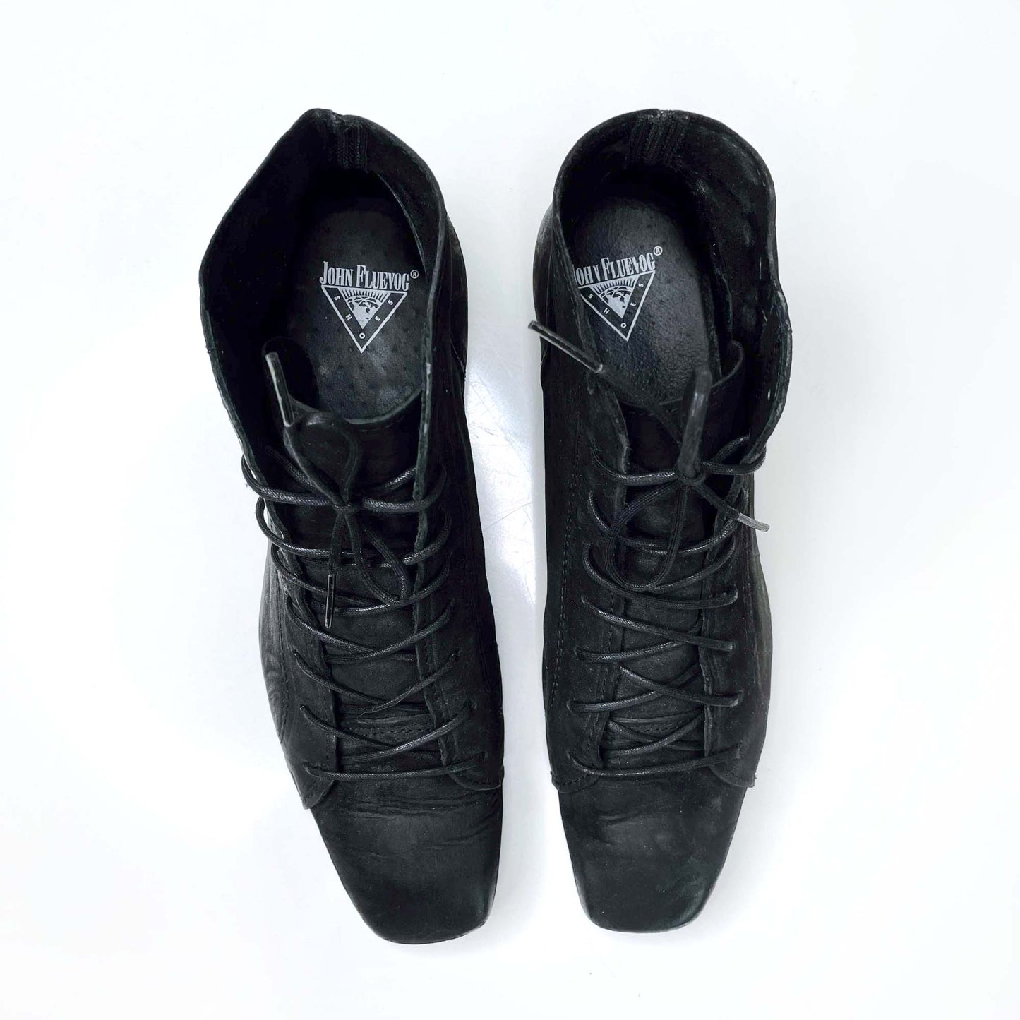 john fleuvog black lace up square toe leather boots - size 7