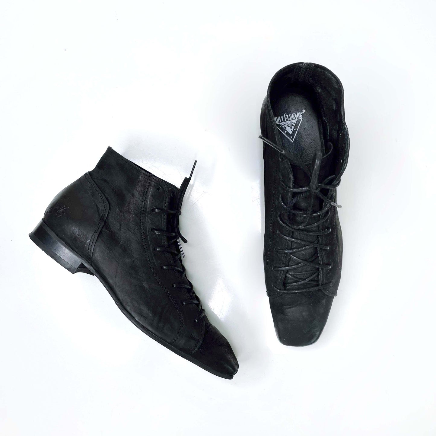 john fleuvog black lace up square toe leather boots - size 7