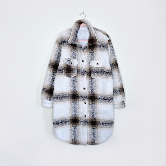 joie windowpane plaid woven long shirt jacket - size medium