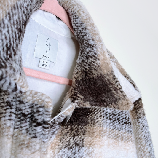 joie windowpane plaid woven long shirt jacket - size medium