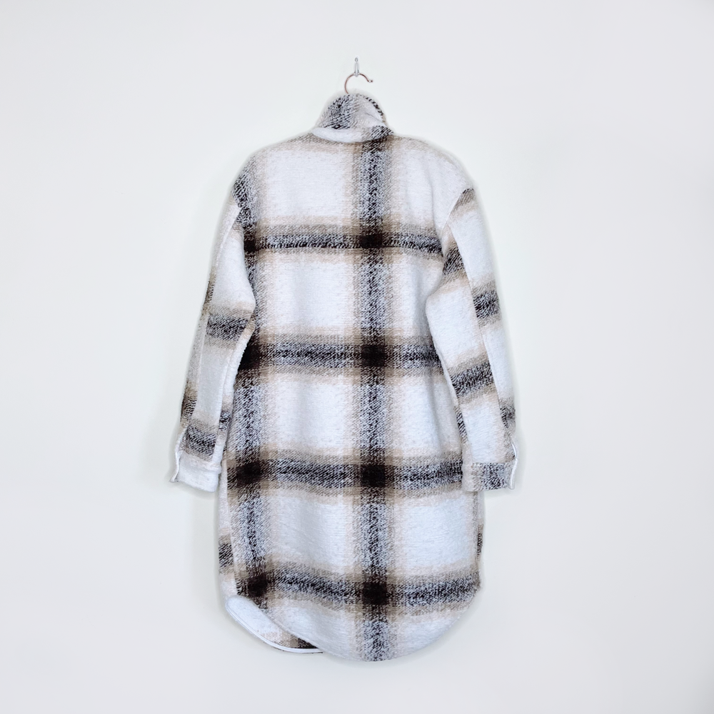 joie windowpane plaid woven long shirt jacket - size medium